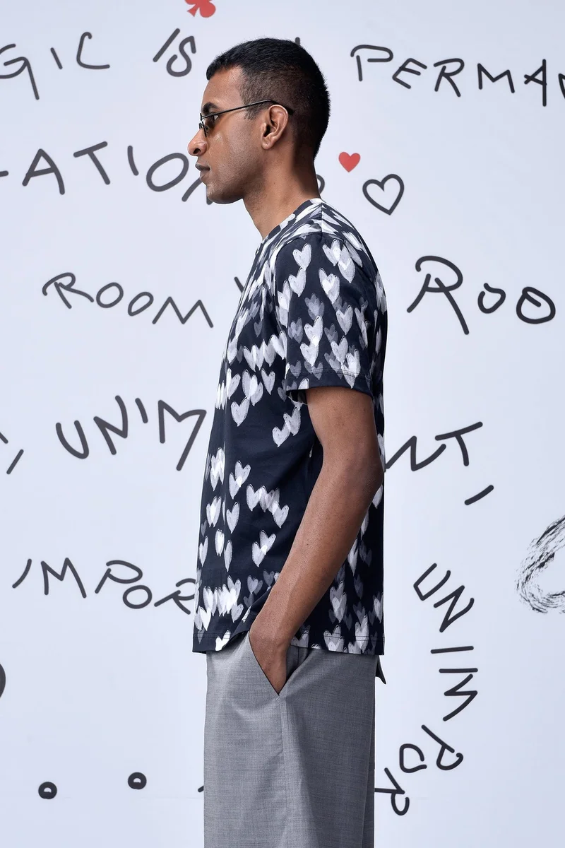 Genes Lecoanet Hemant Black Cotton Single Jersey T-Shirt with Heart Motif Print